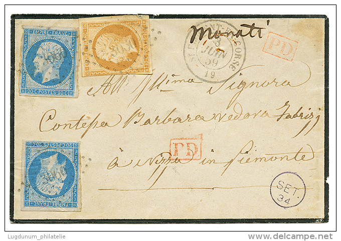 CORSE : 1859 10(n°13) Pd + 20c(n°14)x2 Pd Obl. PC 3060 + T.15 ST FLORENT EN CORSE Sur Env. Pour NICE(SARDAIGNE). - 1853-1860 Napoleon III