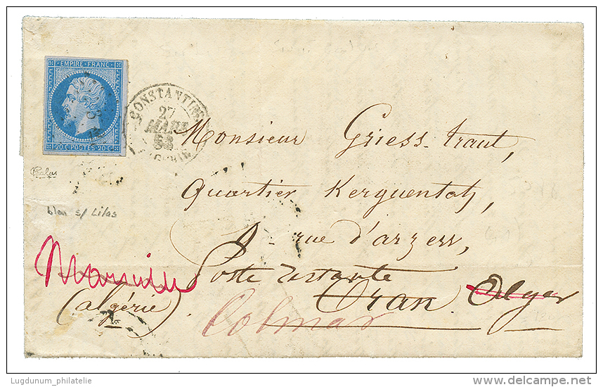 1858 20c(n°14) Bleu Sur LILAS Obl. PC 3721 + CONSTANTINE ALGERIE Sur Lettre Réexpédiée. Sign&ea - 1853-1860 Napoleon III