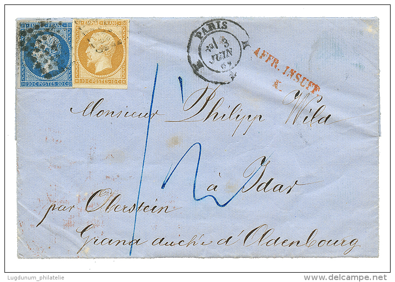 1861 10c(n°13) + 20c(n°14) + AFFR. INSUFF/K + Taxe "1 1/2" Bleue Sur Lettre De PARIS IDAR, GRAND DUCHE D' OLDENB - 1853-1860 Napoleon III