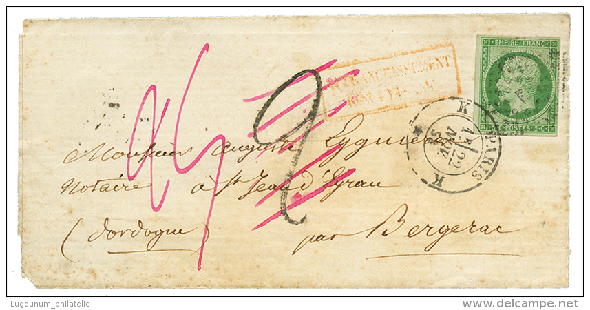 1858 5c(n°12) TB Margé + Taxe 2 Rectifiée 25 Sur Lettre De PARIS Pour BERGERAC. TB. - 1853-1860 Napoleon III