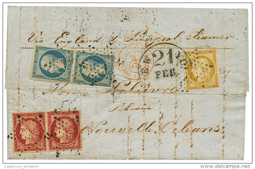 Affrt à 2F60 Pour La LOUISIANE(USA) : 1853 Paire 1F CARMIN(n°6) + Paire 25c PRESIDENCE(n°10) Un Ex. Touch - 1849-1850 Cérès