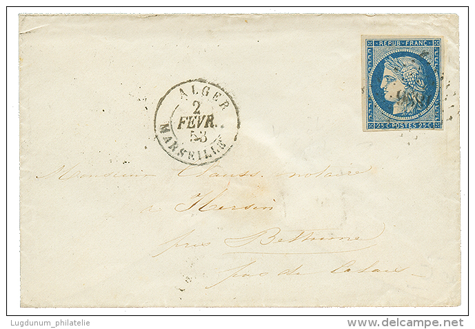 1853 25c CERES (n°4) TB Margé Obl. PC 1896 + Cachet Maritime ALGER MARSEILLE Sur Enveloppe Pour BETHUNE. Obli - 1849-1850 Cérès