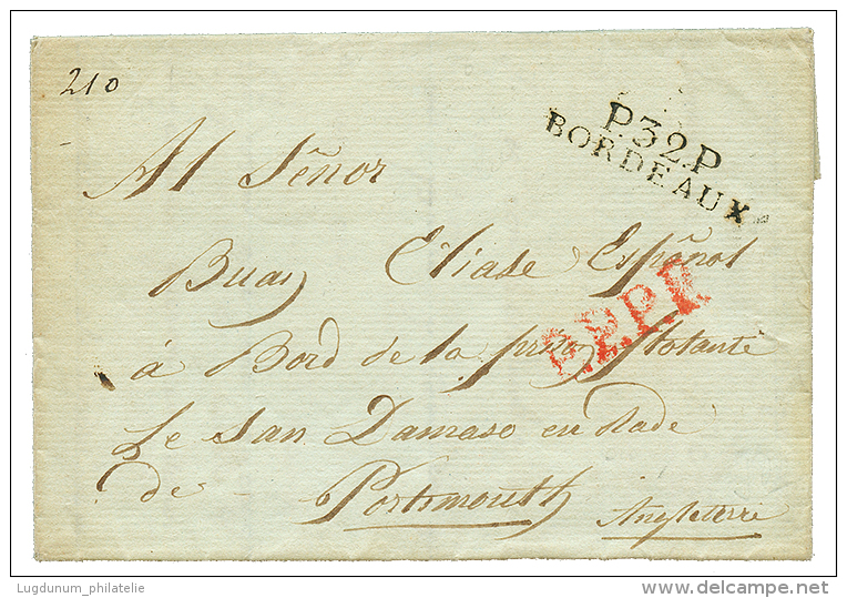 1806 P.32.P BORDEAUX Sur Lettre Pour Un PRISONNIER FRANCAIS , à Bord De La PRISON FLOTANTE "LE SAN DAMASO", Rade - Army Postmarks (before 1900)