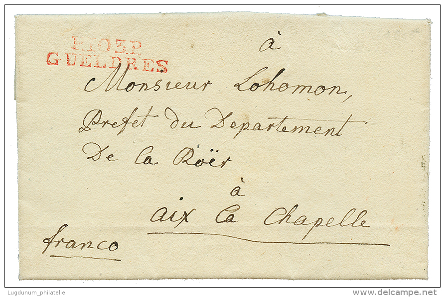 An 13 P.103.P GUELDRES En Rouge Sur Lettre Avec Texte Daté "BIRTEN" Pour AIX LA CHAPELLE. TTB. - 1792-1815: Veroverde Departementen