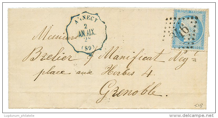 1872 25c CERES(n°60) Obl. GC 846 + Convoyeur ANNECY/AN.AIX Sur Lettre Pour GRENOBLE. TTB. - Andere & Zonder Classificatie