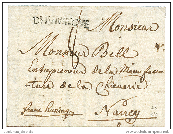 HAUT RHIN : 1753 DHVNINGUE LENAIN N°3 Sur Lettre Pour NANCY. Indice 20. TTB. - 1701-1800: Precursors XVIII