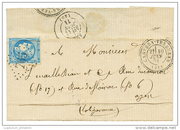 1871 20c BORDEAUX(léger Pli) Obl. GC 765 + T.24 CASTERA-VERDUZAN Sur Lettre Pour AGEN. Superbe. - 1849-1876: Période Classique