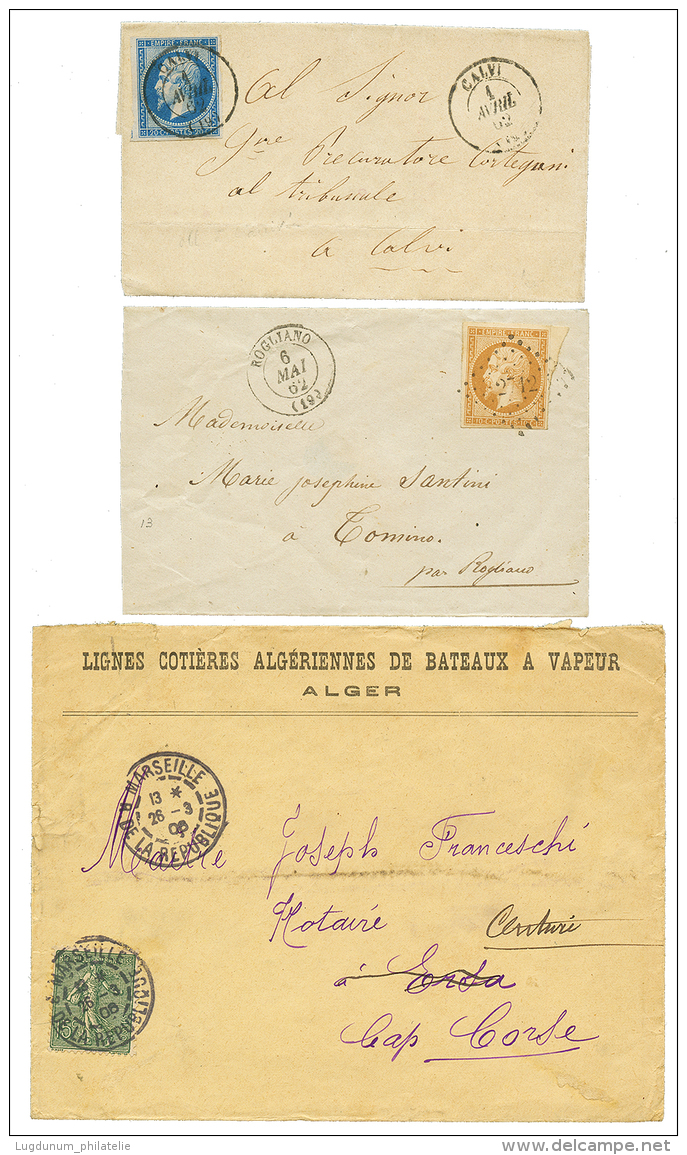 CORSE : 3 Lettres: N°14 Obl. T.15 CALVI, N°13 PC 2712 + ROGLIANO + 1 Lettre Maritime. TB. - Autres & Non Classés