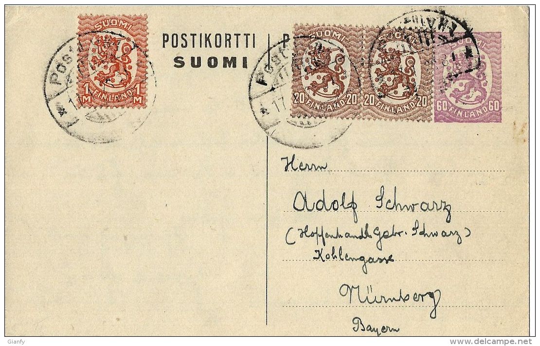FINLANDIA FINLAND 60 P UPRATED 1926 TO NURNBERG GERMANY - Entiers Postaux