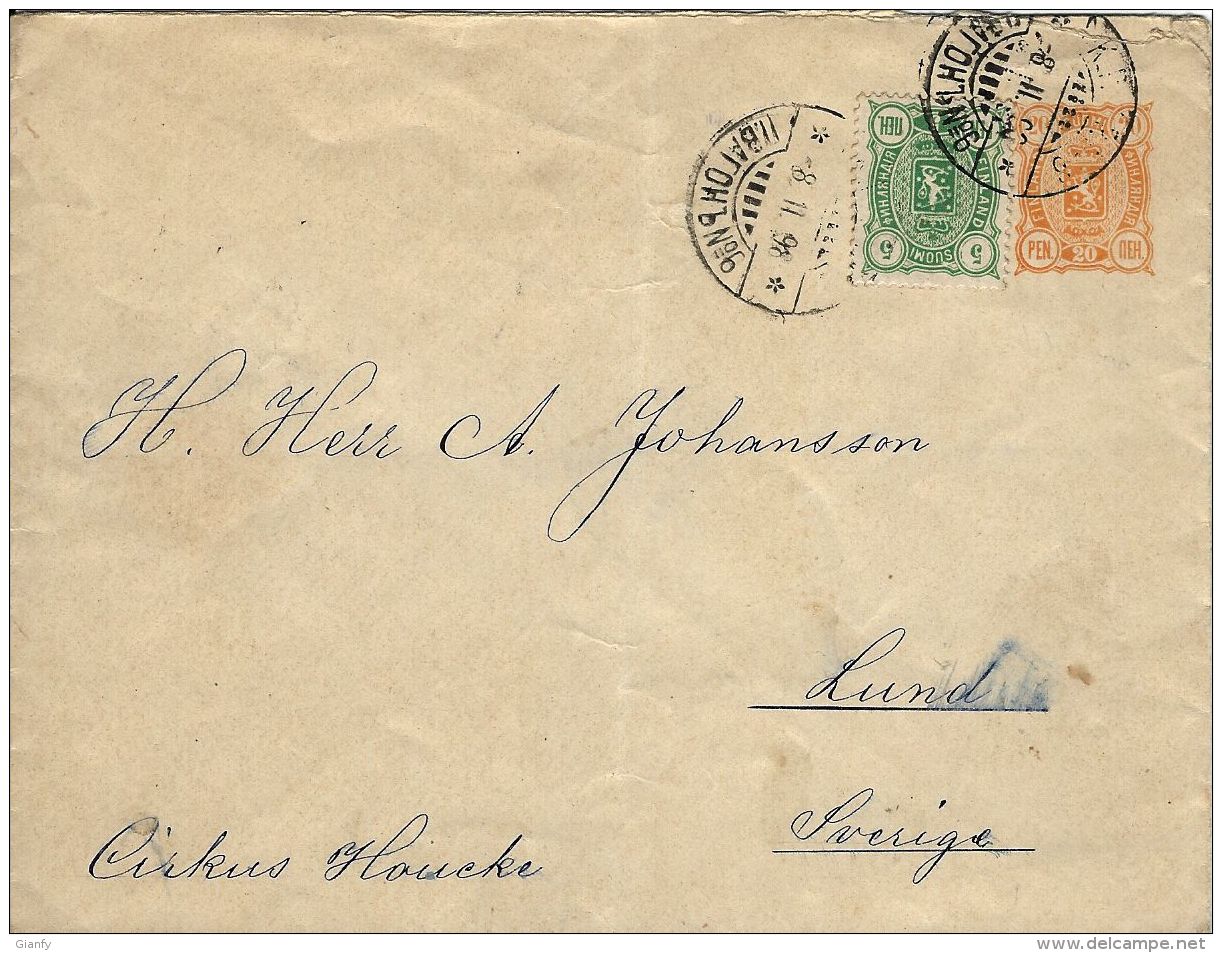 FINLANDIA FINLAND 20 P + 5 P COVER 1898 KROGARS To LUND SWEDEN - Interi Postali