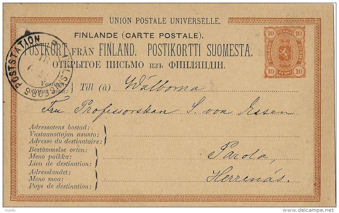 FINLANDIA FINLAND 10 P ORANGE 1891 HELSINGBORG TO PAROLA - Postwaardestukken