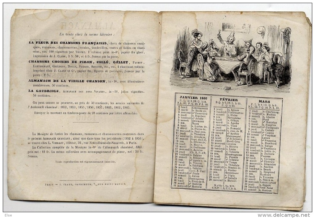 ALMANACH  CHANTANT  CHANSONS FRANCAISES ILLUSTREES PAR TELORY  1866  -  12  PAGES - Autres & Non Classés