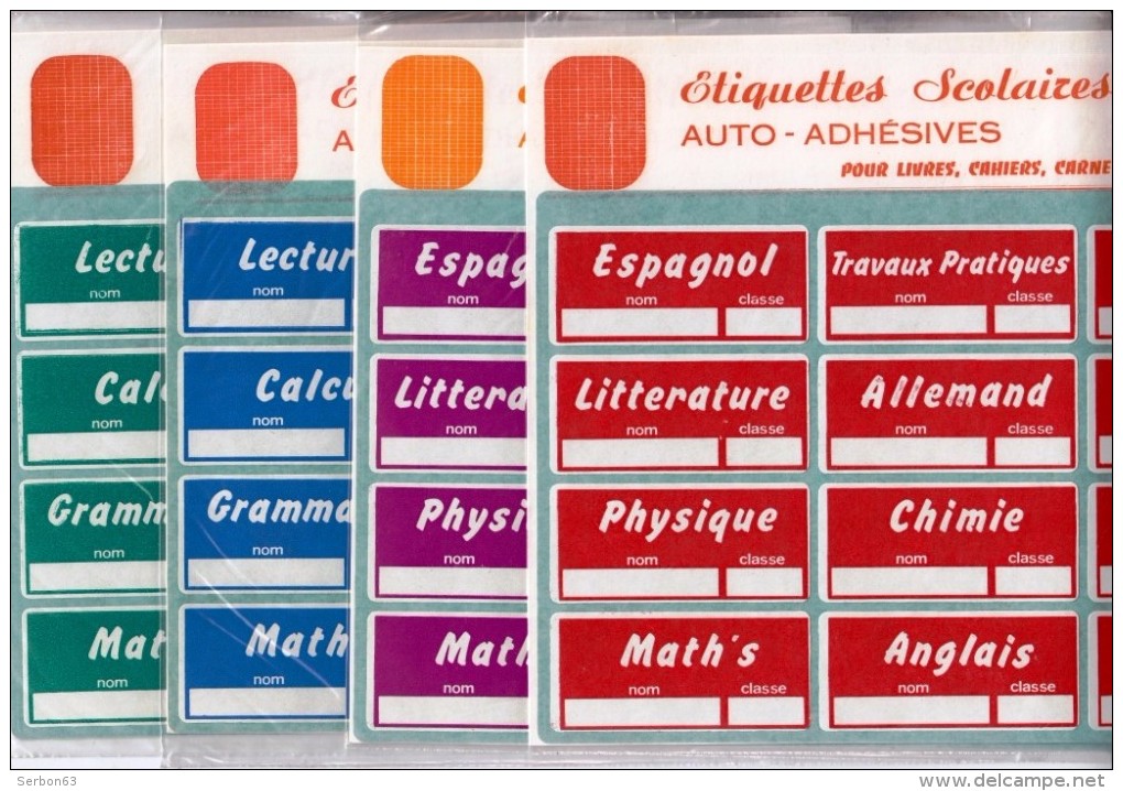 48 ETIQUETTES SCOLAIRES AUTO-ADHESIVES FOND ROUGE BLEU VERT VIOLET CAHIERS LIVRES ITALIEN LECTURE ESPAGNOL GRAMMAIRE... - Stationeries (flat Articles)