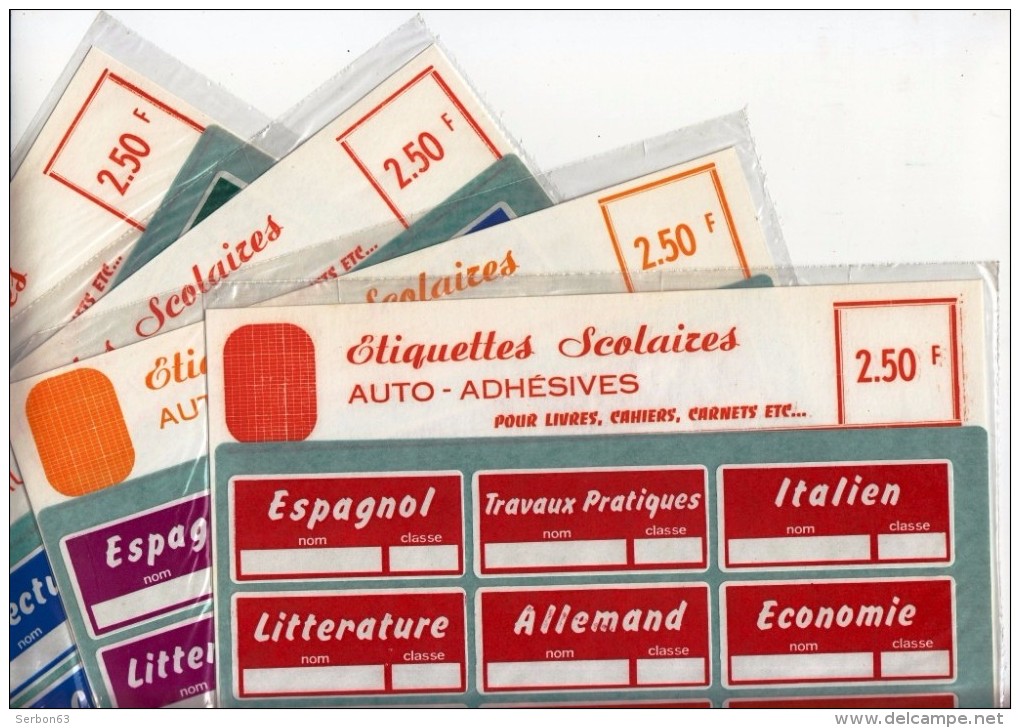 48 ETIQUETTES SCOLAIRES AUTO-ADHESIVES FOND ROUGE BLEU VERT VIOLET CAHIERS LIVRES ITALIEN LECTURE ESPAGNOL GRAMMAIRE... - Stationeries (flat Articles)