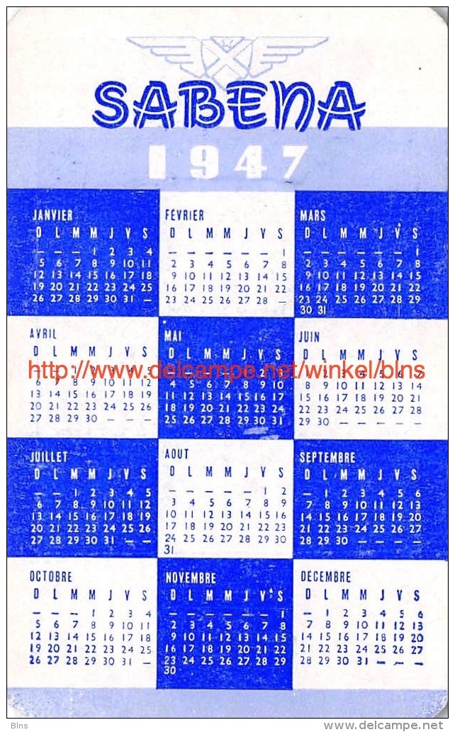 1947 Calendrier Sabena - Petit Format : 1941-60