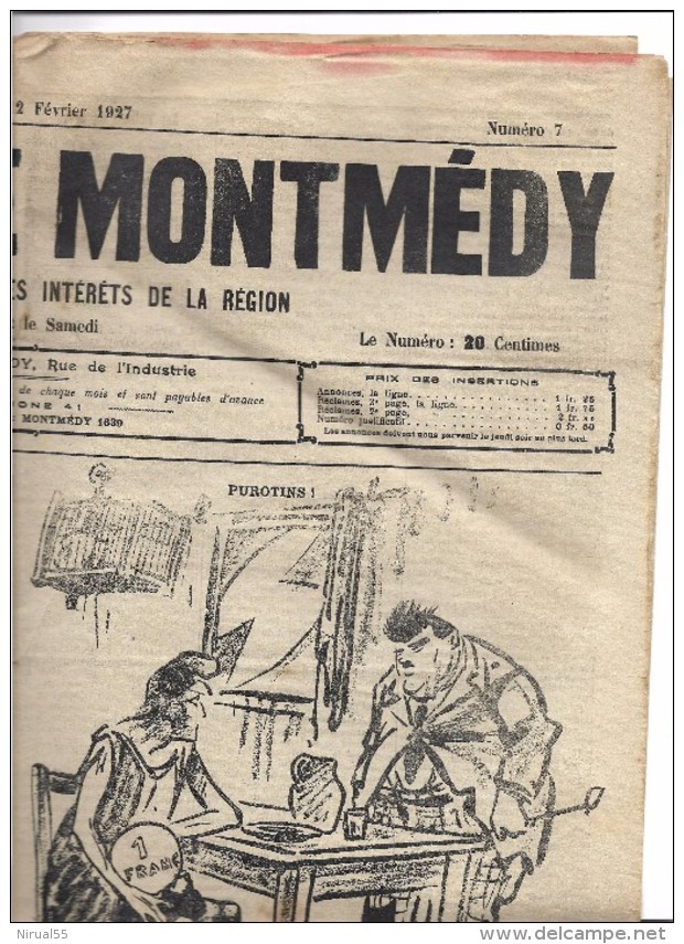 Meuse JOURNAL DE MONTMEDY N°7 Du Samedi 12.2.1927  .......G - Informations Générales