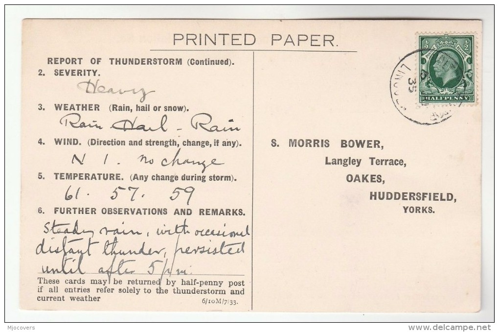 1935 LINCOLN  COVER Postcard METEOROLOGY Report WEATHER STATION  Re THUNDERSTORM  Gb Gv Stamps - Climate & Meteorology