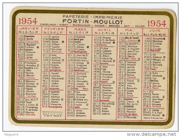 PAPETERIE IMPRIMERIE FORTIN MOULLOT 1954  PETIT CALENDRIER PUBLICITAIRE  MAROC -  CARTONNE - Formato Piccolo : 1941-60