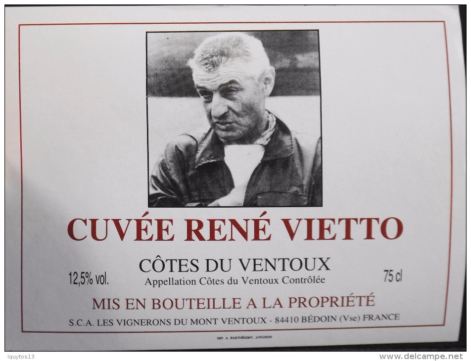 ETIQUETTE De VIN - " CÔTES Du VENTOUX " - Cuvée René VIETTO (Tour De France 1934) - 12,5° - 75cl - Parf. Etat  - - Ciclismo