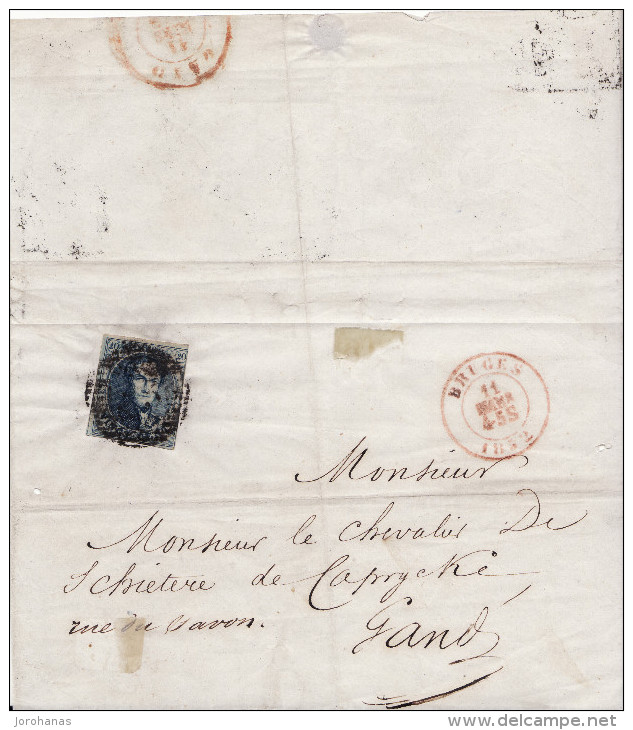 Brief Fragment  Medaillon 20 C  Van Brugge Bruges 11 Maart 1852 Naar Gent - 1849-1865 Médaillons (Autres)