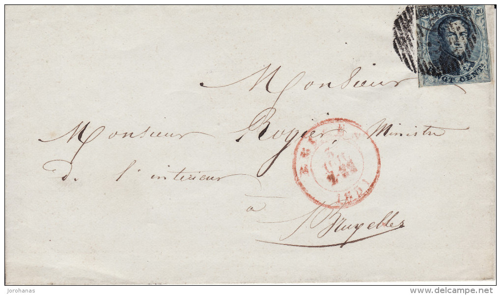 Brief Medaillon 20 C  Brugge Bruges 3 Juli 1851 Naar  Brussel Bruxelles Zonder Inhoud - 1849-1865 Medallones (Otros)