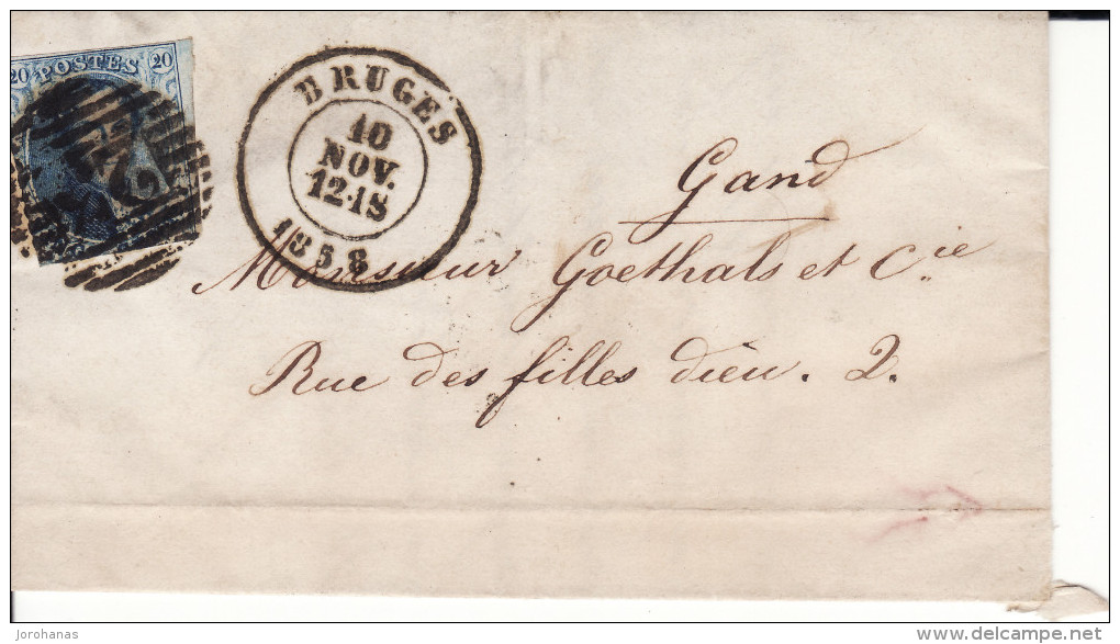 Ongeopende Brief Medaillon 20 C  Brugge Bruges 10 November 1858 Naar  Gent - 1849-1865 Medallones (Otros)