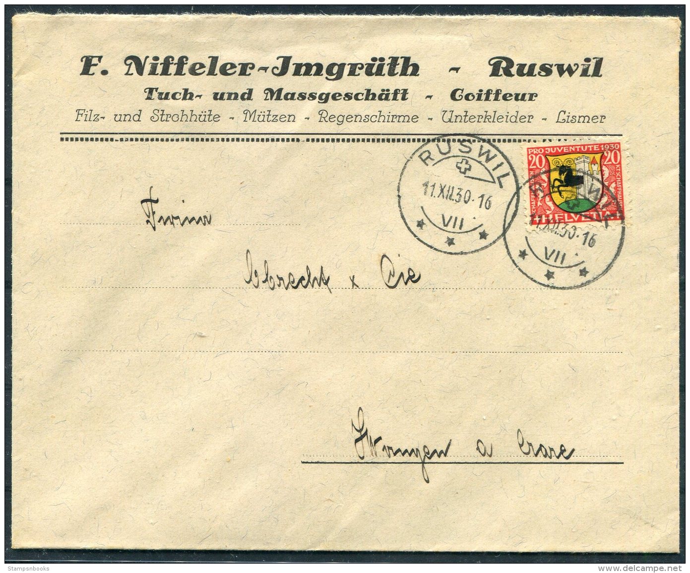 1930 Switzerland Ruswil Pro Juventute Cover -  Wangen - Covers & Documents