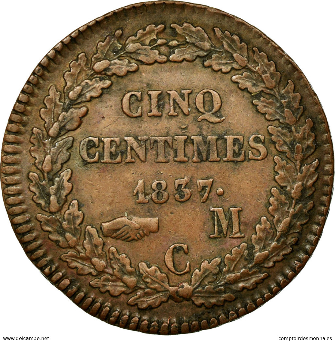 Monnaie, Monaco, Honore V, 5 Centimes, Cinq, 1837, Monaco, TTB, Cuivre, KM:95.2a - Charles III.