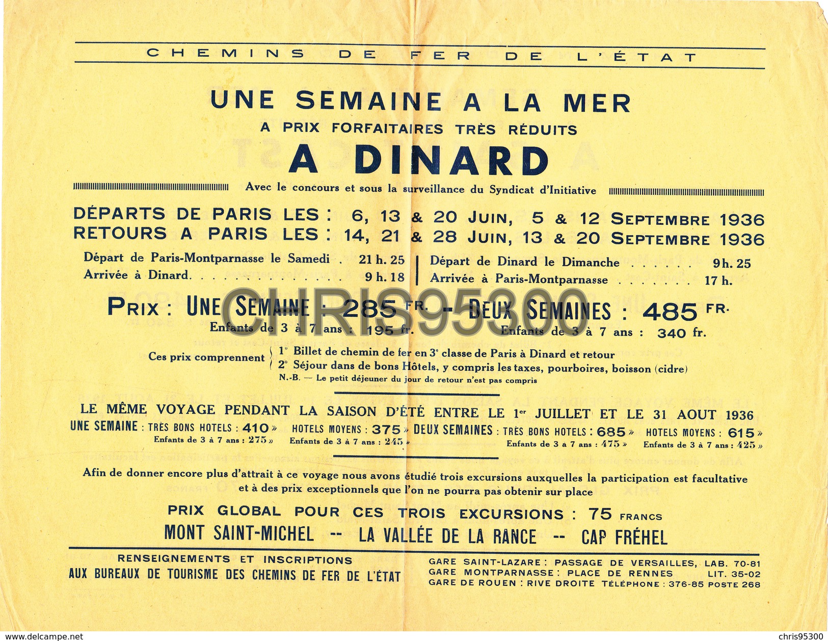 HORAIRES TRAINS ETE 1936 - DINARD 35 ILE ET VILAINE - PARIS MONTPARNASSE - Europe