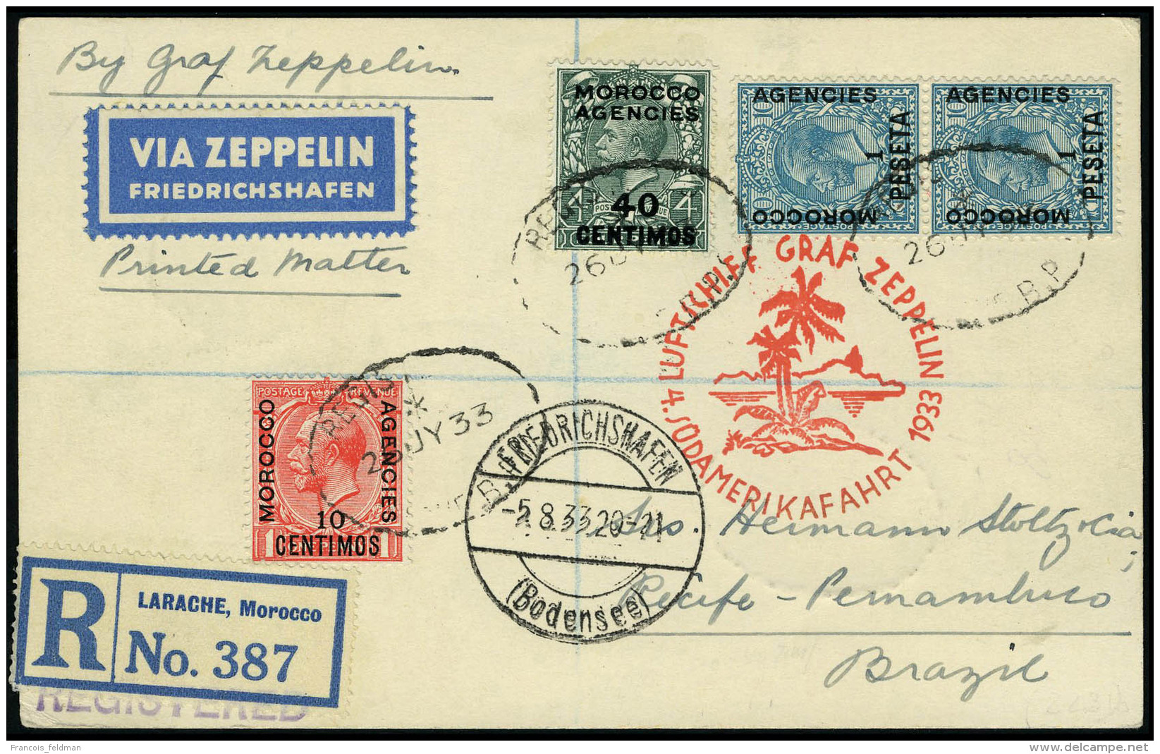 Lettre Zeppelin, 4 SAF 1933, CP Recommandée De Larache 26 JY 33, Càd De Transit Paris 28.7.1933 Et... - Autres & Non Classés