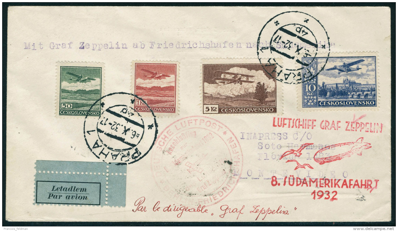 Lettre Zeppelin 8è SAF 1932, L Avec Càd Praha 6.X.32, Cachet Illustré Berlin Friedrichshafen... - Autres & Non Classés