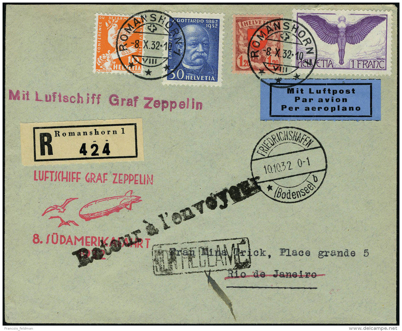 Lettre N° 12, + TP 209, 255 Et 262 Sur LR De Romanshorn 8.X.32, Zeppelin 8 SAF 1932, Càd De Transit... - Autres & Non Classés