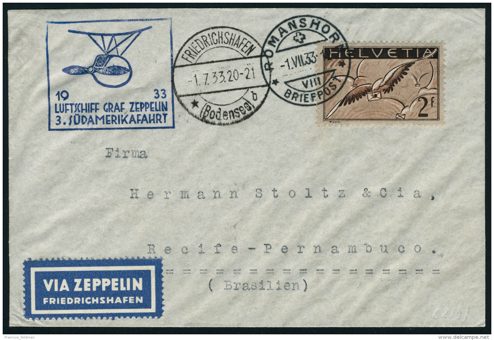 Lettre Zeppelin 3 SAF 33, PA N° 15 Sur L Càd Romanshorn 1.VII.33 Càd De Transit Friedrichshafen... - Autres & Non Classés