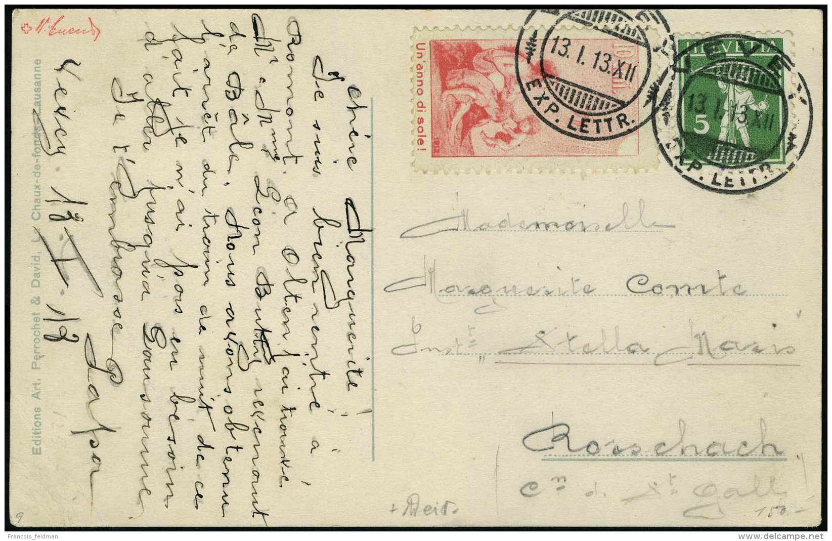 Lettre 10c Rouge Carmin, Précurseur Italien Pro Juventute 1912 Obl 13.1.13 Sur Carte Postale Affranchie... - Autres & Non Classés