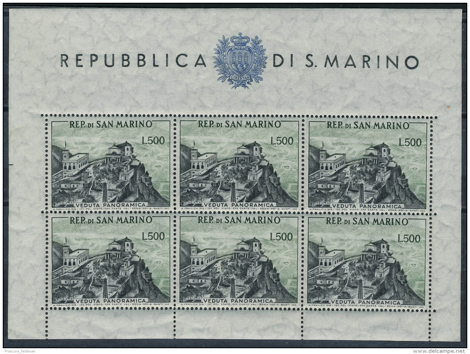 Neuf Sans Charnière N° 444, 500L Vue De St Marin, Feuillet De 6ex , T.B. Sassone Foglietti 18 - Other & Unclassified
