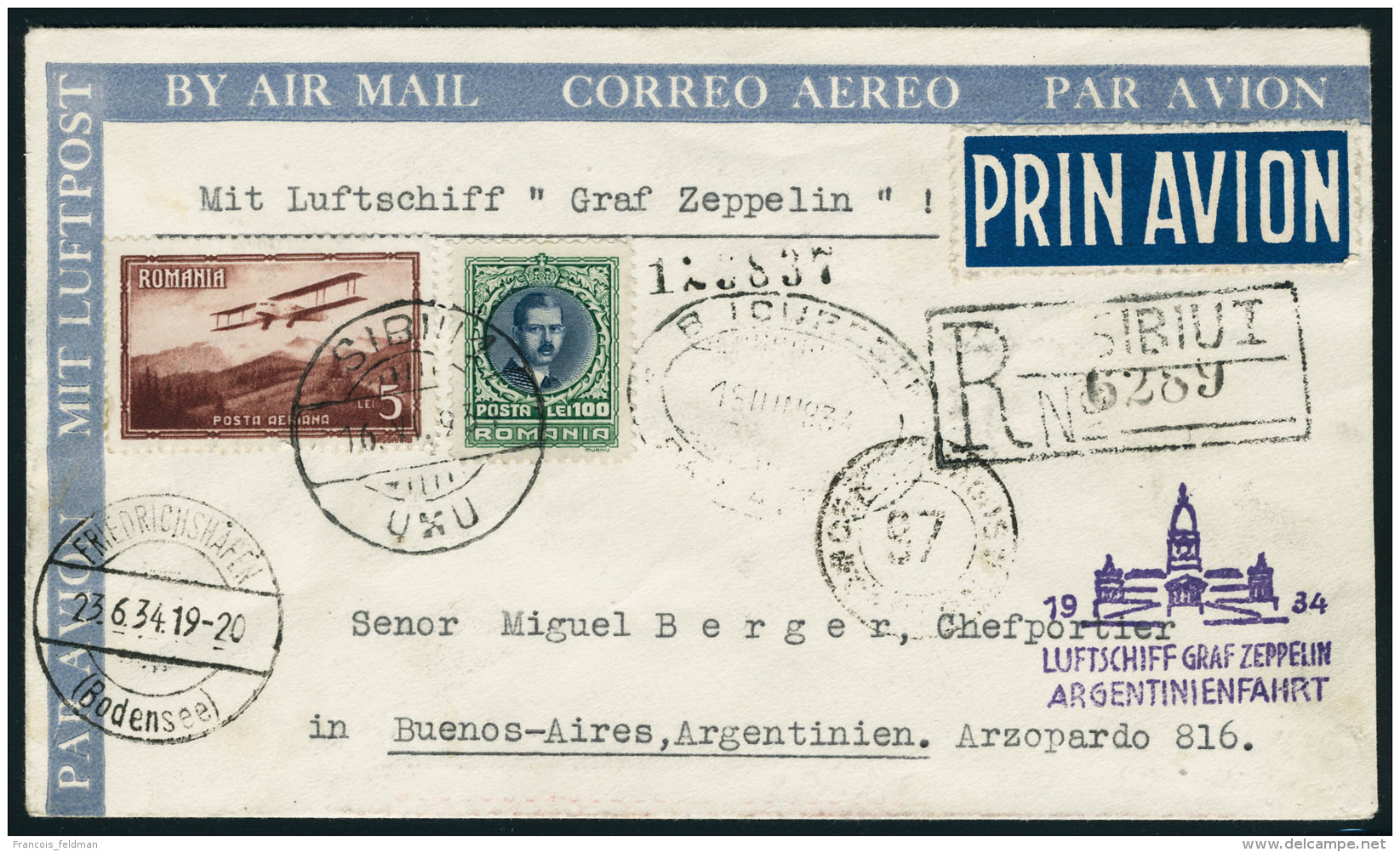 Lettre Zeppelin 1934 Argentinien Fahrt, LR De Sibiu 1, 16.VI.34, Càd De Transit Bucaresti 16.VI.34 Et... - Autres & Non Classés