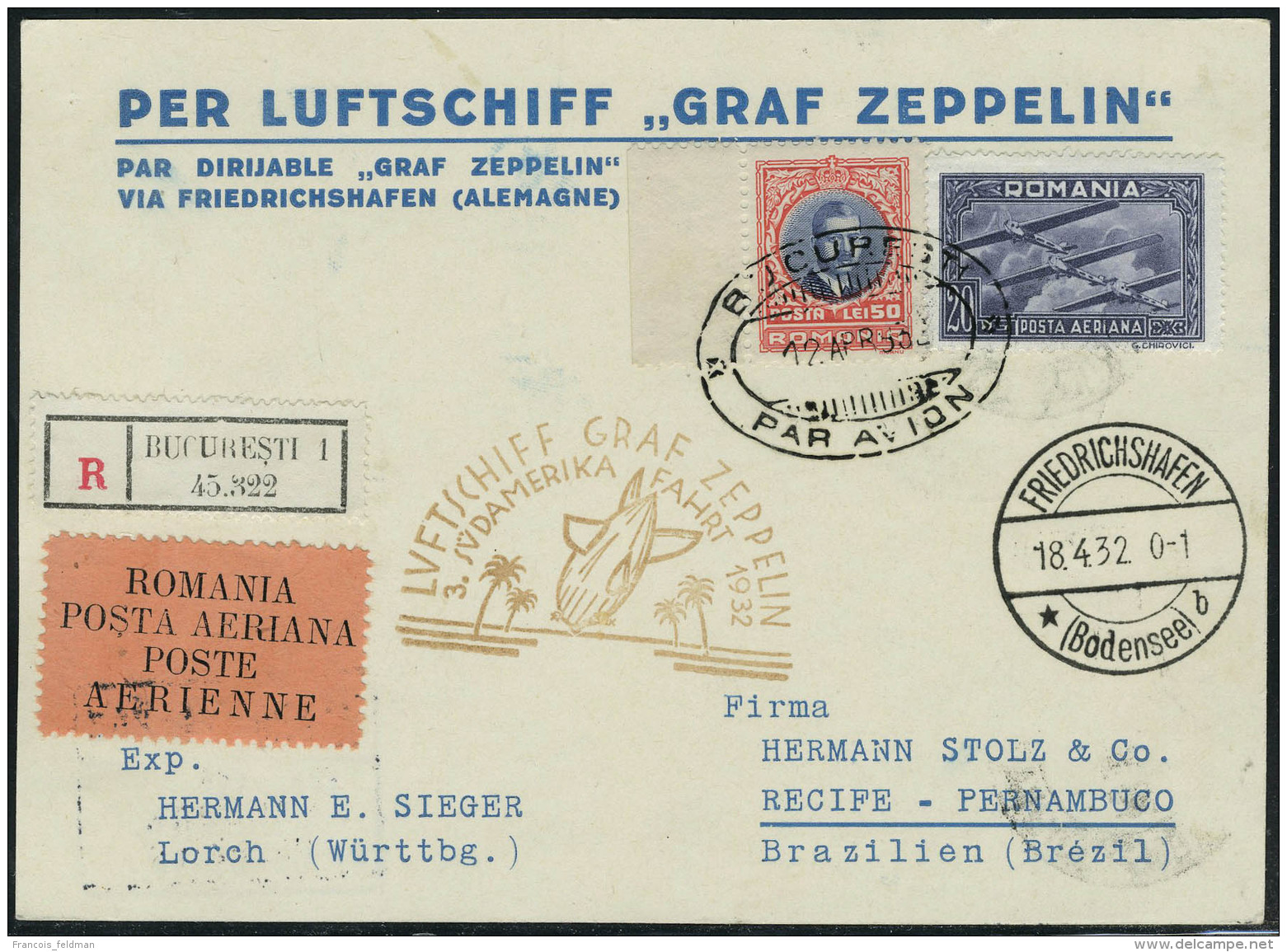 Lettre Zeppelin 3è SAF 1932 Pour Le Brésil Sur LR + Cachet De Transit Et D'arrivée, T.B. - Autres & Non Classés