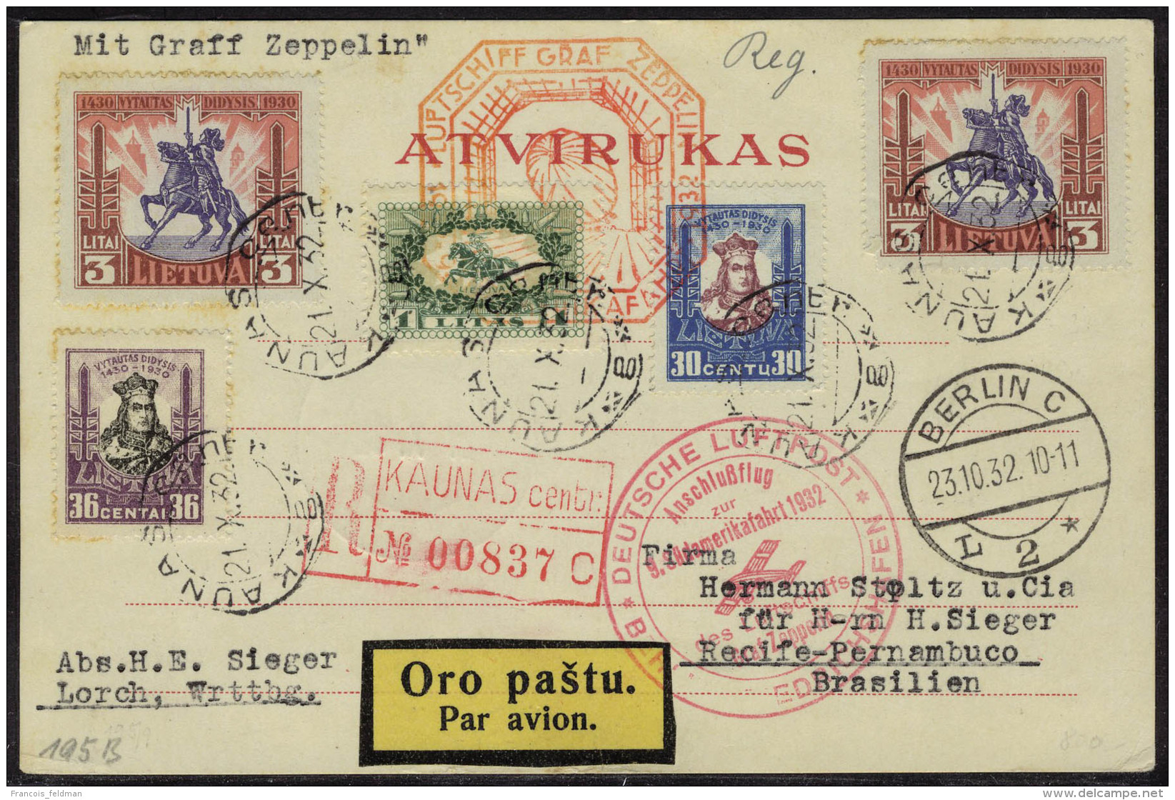 Lettre Zeppelin 9 SAF 1932, CP Recommandée De Kaunas 21.X.32, Càd Berlin 23.10.32, Pour Récife... - Autres & Non Classés