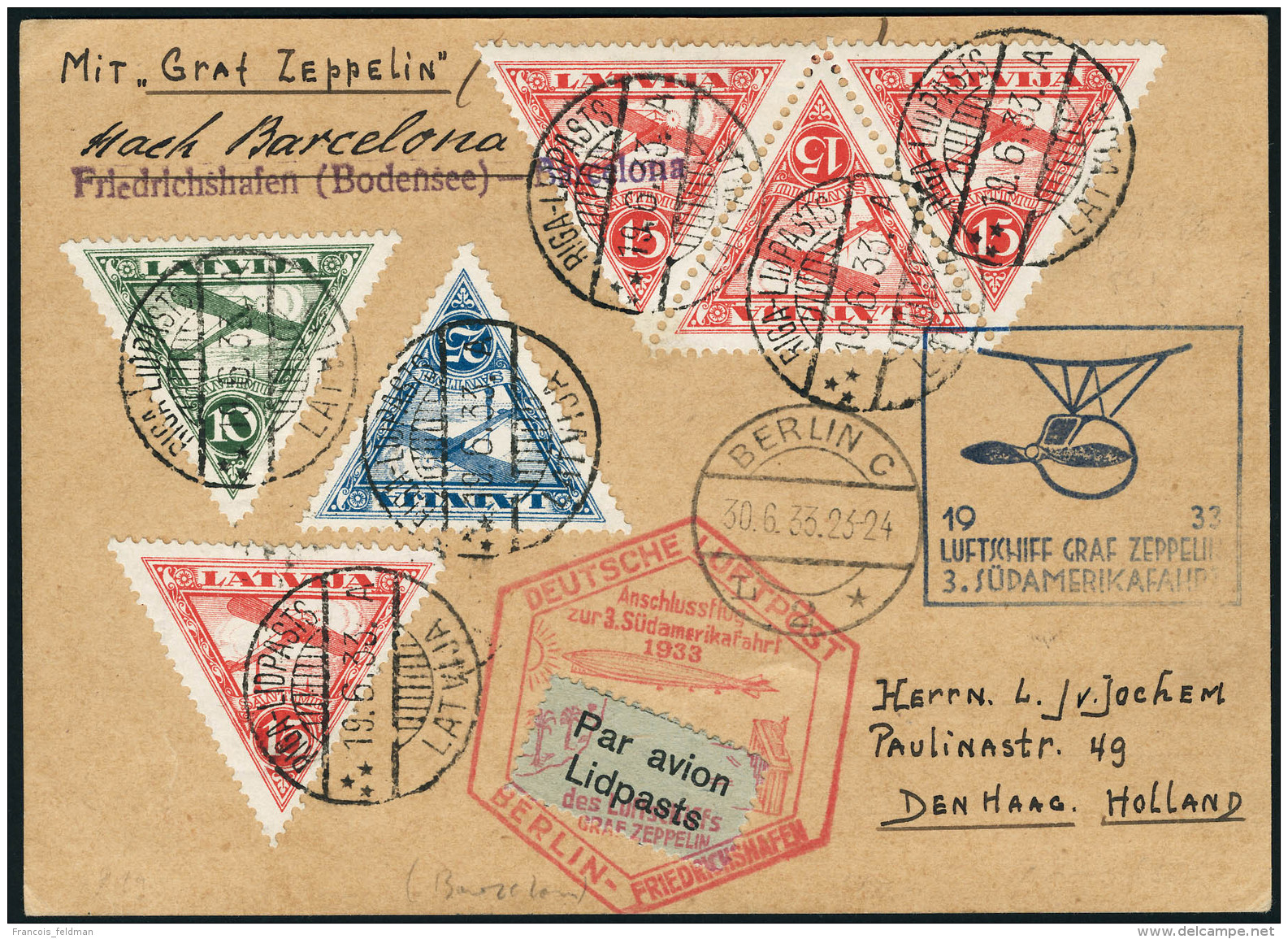 Lettre Zeppelin. 3è SAF 1933 + Cachet Rouge Berlin-Friedrichshafen Via Barcelone Pour Les Pays-Bas. T.B. - Autres & Non Classés