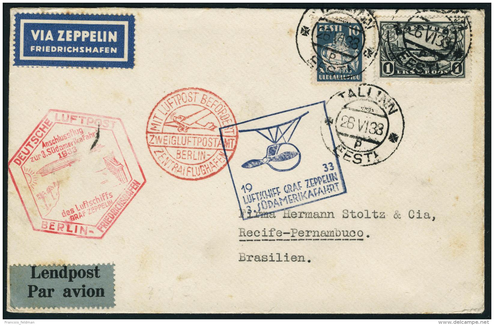 Lettre Zeppelin 3 SAF 1933, L. Càd Tallinn 26.VI.33, Càd De Transit Illustré De Berlin Et... - Autres & Non Classés