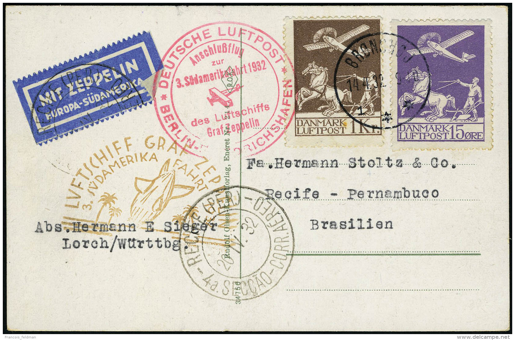 Lettre N° 2 + 5, Sur CP Illustrée Zeppelin 3 SAF 1932, Càd Bronshoj 14.4.32 Pour Recife... - Autres & Non Classés