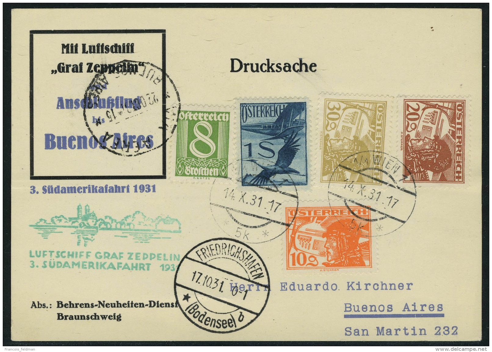 Lettre Zeppelin 3 SAF 1931 CP Avec CAD Wien 14.X.31, Càd De Transit Friedrichshafen 17.10.31, Pour Buenos... - Autres & Non Classés