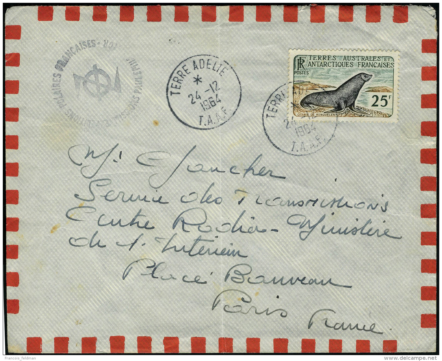 Lettre N° 16, Seul Sur L Càd Terre D'Adelie 24.12.1964 Pour Paris, Cachet Expéditions Polaires... - Other & Unclassified