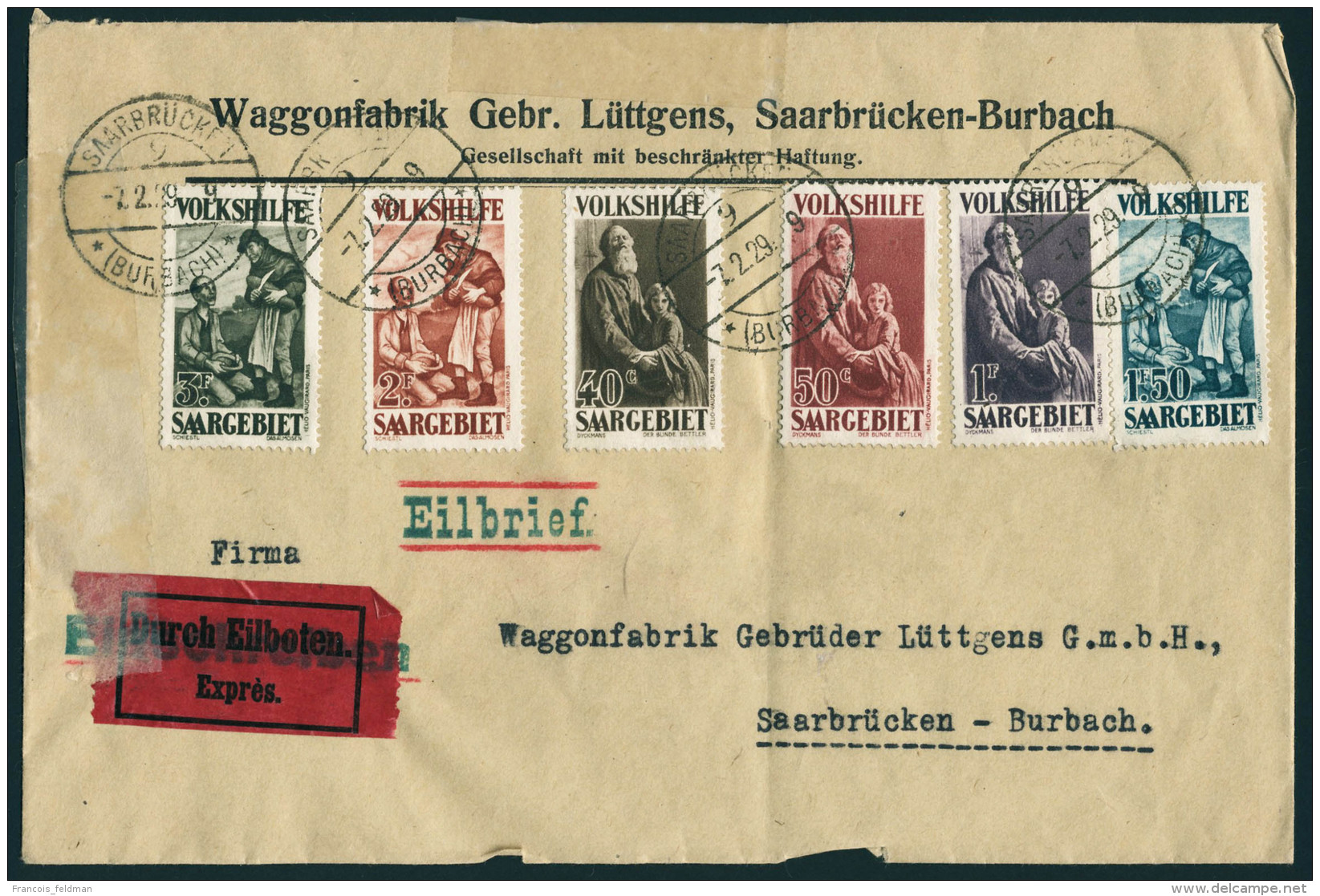 Lettre N° 125/130, Les 6 Valeurs Sur L Exprès, Càd Saarbrücken 7.2.29, Pour... - Autres & Non Classés