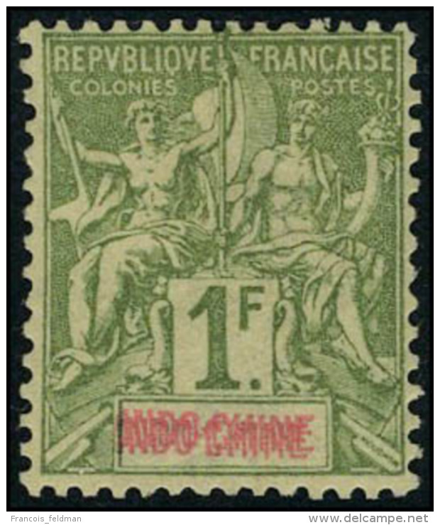 Neuf Avec Charnière N° 15a, 1f Olive Double Légende Indochine, T.B. Rare, Signé - Autres & Non Classés