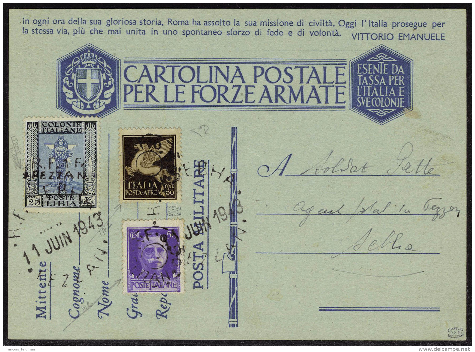 Lettre N° 18, 19 Et PA N° 2 Sur Entier Postal Militaire Italien, Càd RF Sebha 11 Juin 1943, Pour... - Other & Unclassified