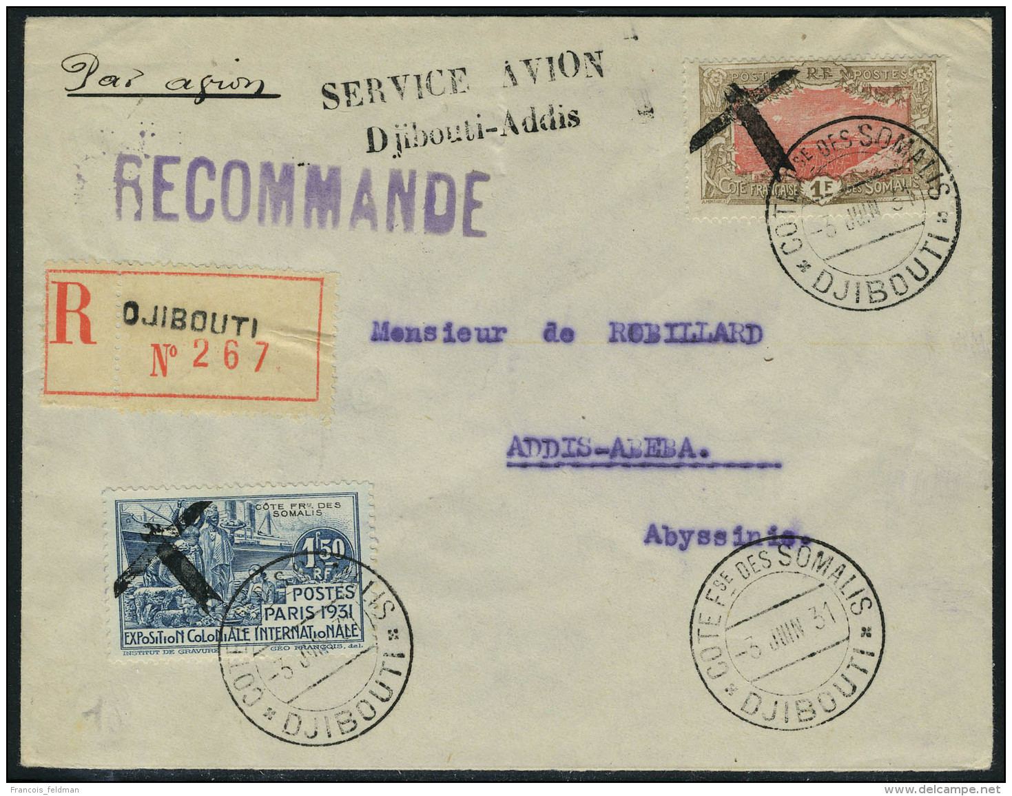 Lettre N° 97 + 140, Les 2 Valeurs Sur LR PA Surchargée Avion Service Djibouti-Addis 3.6.31, T.B. - Autres & Non Classés