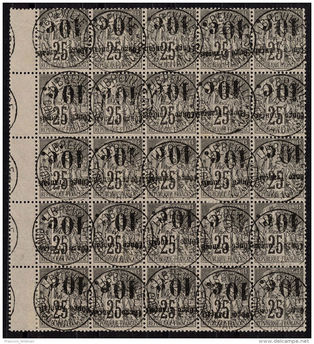 Oblitéré N° 5c, 10c Sur 25c Surcharge Renversée, Bloc De 25ex, T.B. Rare - Autres & Non Classés