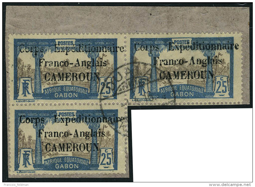 Fragment N° 44, 25c Corps Expéditionnaire, Bloc De 3ex, Obl Sur Frgt Douala, Cachet Allemand, T.B. - Autres & Non Classés