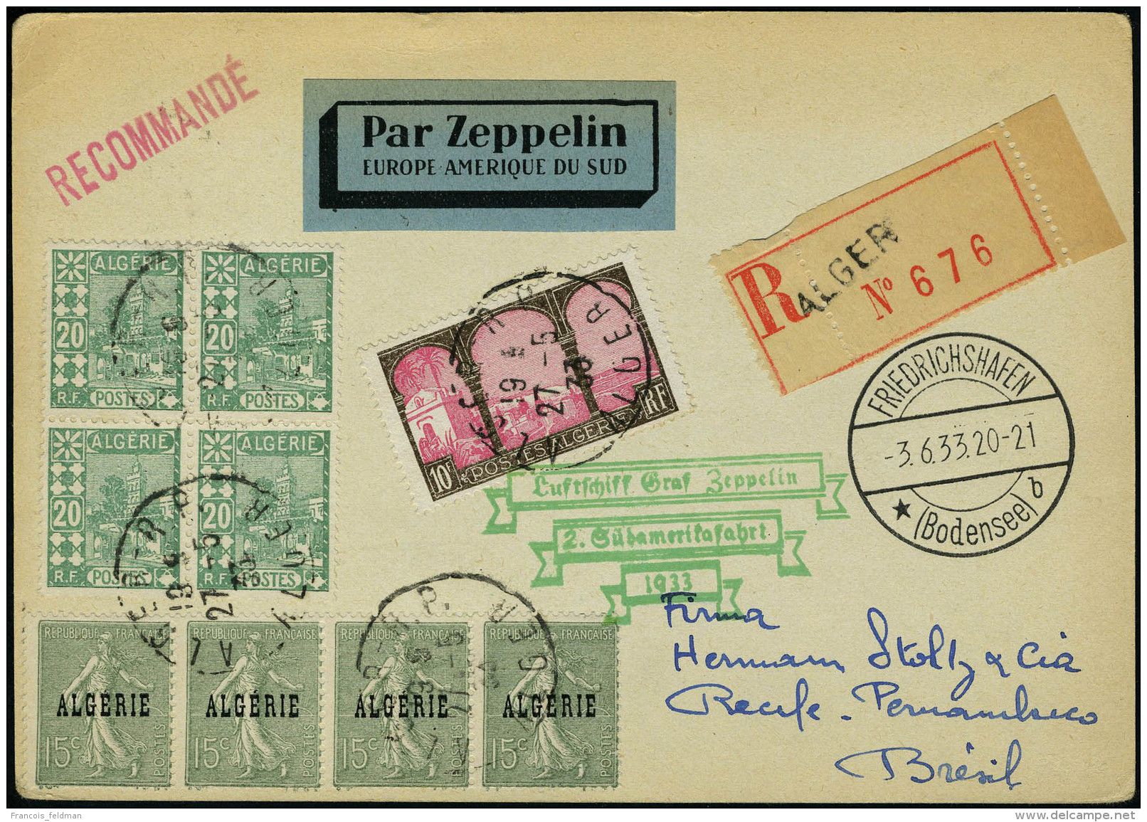 Lettre Zeppelin 2 SAF 1933, CP Recommandée Alger 27.5.33 Avec N° 84 + Complément... - Autres & Non Classés